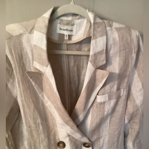 HEARTLOOM SIZE MEDIUM WHITE TAN STRIPED DOUBLE BREASTED LINEN BLAZER JACKET - Picture 4 of 8